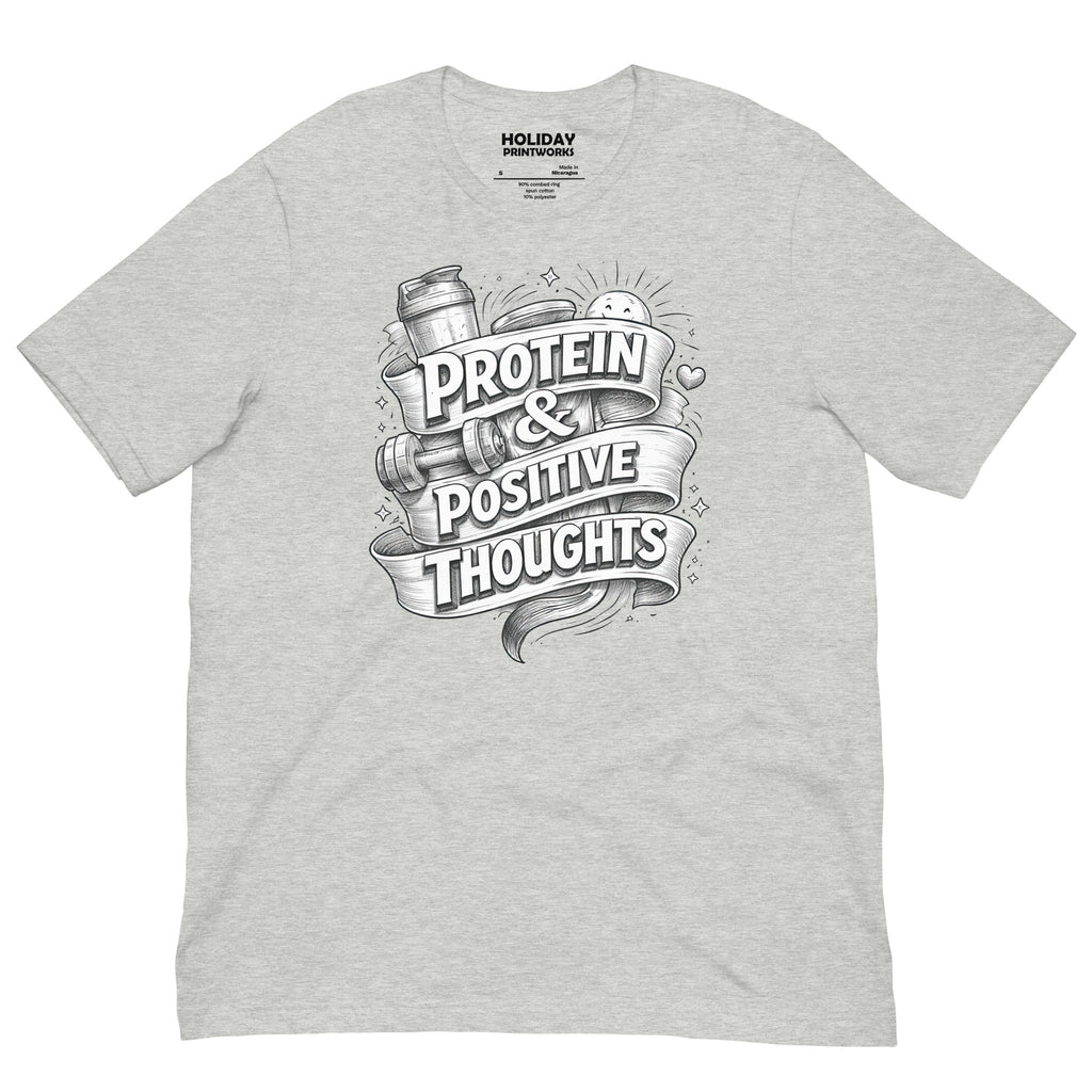 Back/detail view of Protein & Positive Thoughts – Unisex Staple T-Shirt (Fitness graphic T-shirt