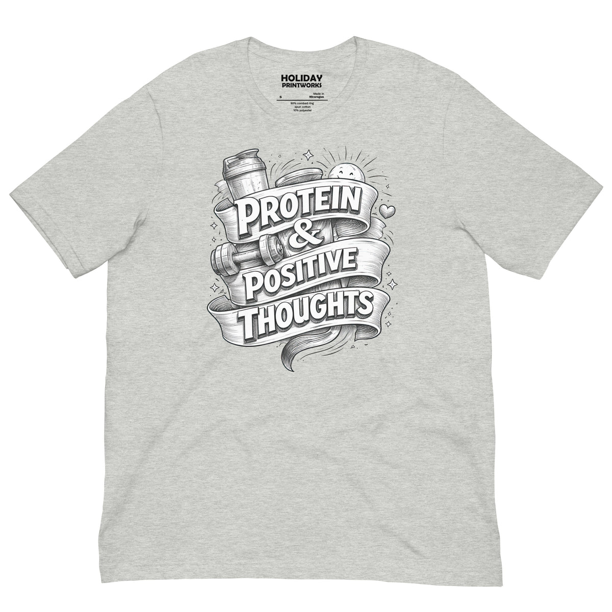 Back/detail view of Protein & Positive Thoughts – Unisex Staple T-Shirt (Fitness graphic T-shirt