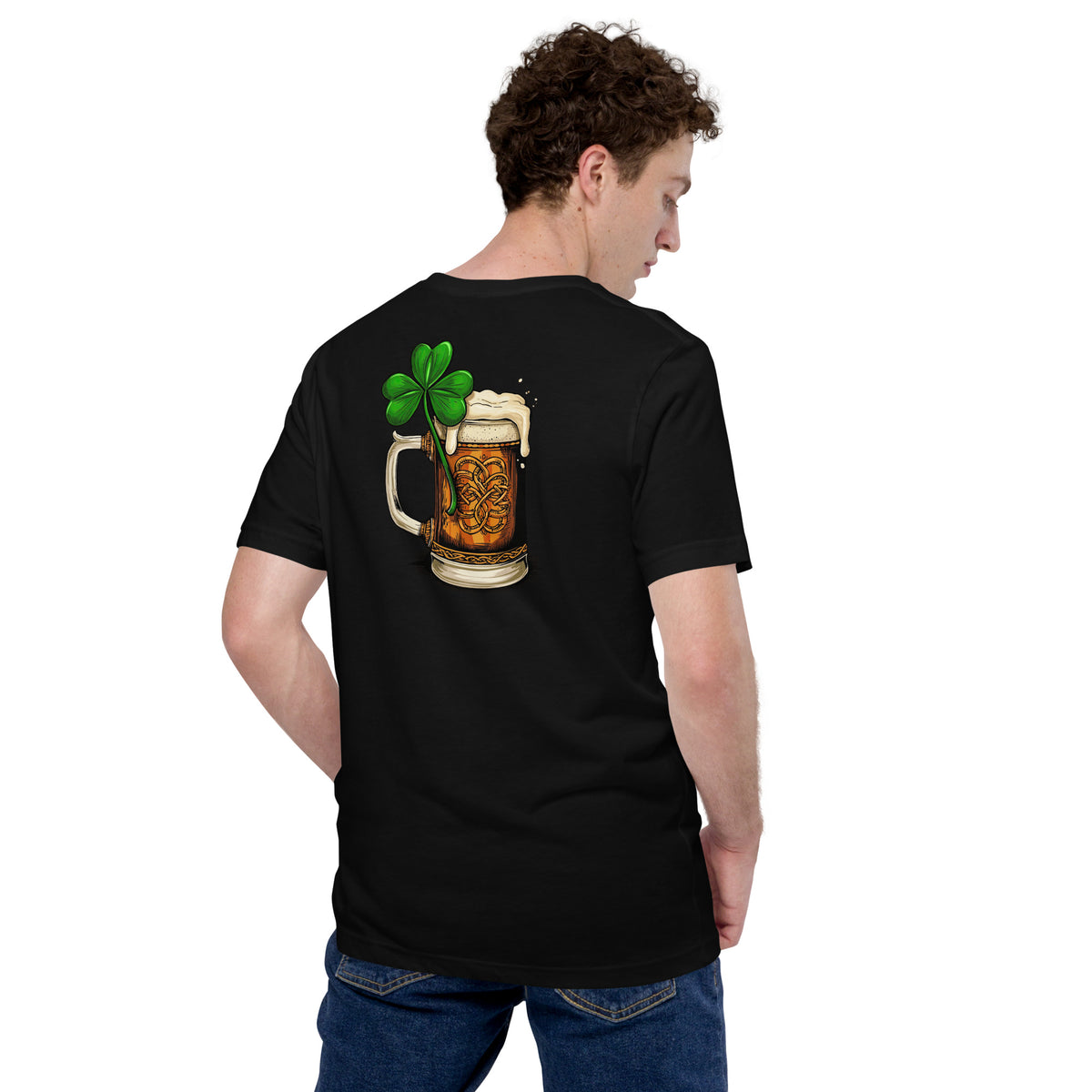 Back/detail view of HERE FOR THE BEER 🍀 Front + Back St. Paddy’s Tee Unisex t-shirt graphic T-shirt