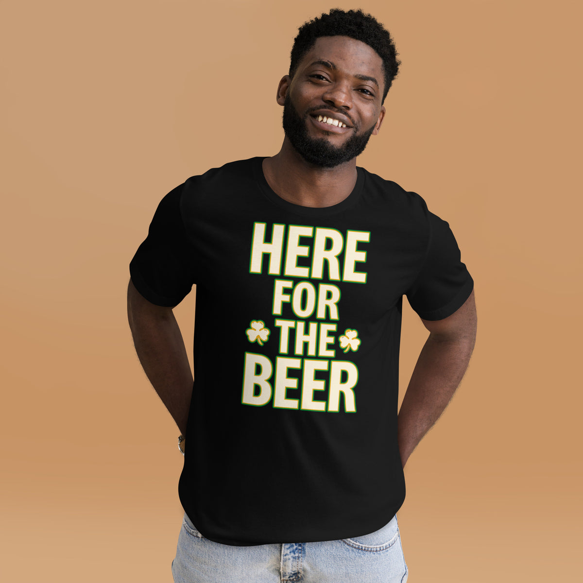 Back/detail view of HERE FOR THE BEER 🍀 Front + Back St. Paddy’s Tee Unisex t-shirt graphic T-shirt