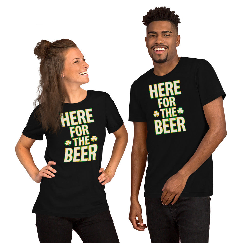 Back/detail view of HERE FOR THE BEER 🍀 Front + Back St. Paddy’s Tee Unisex t-shirt graphic T-shirt