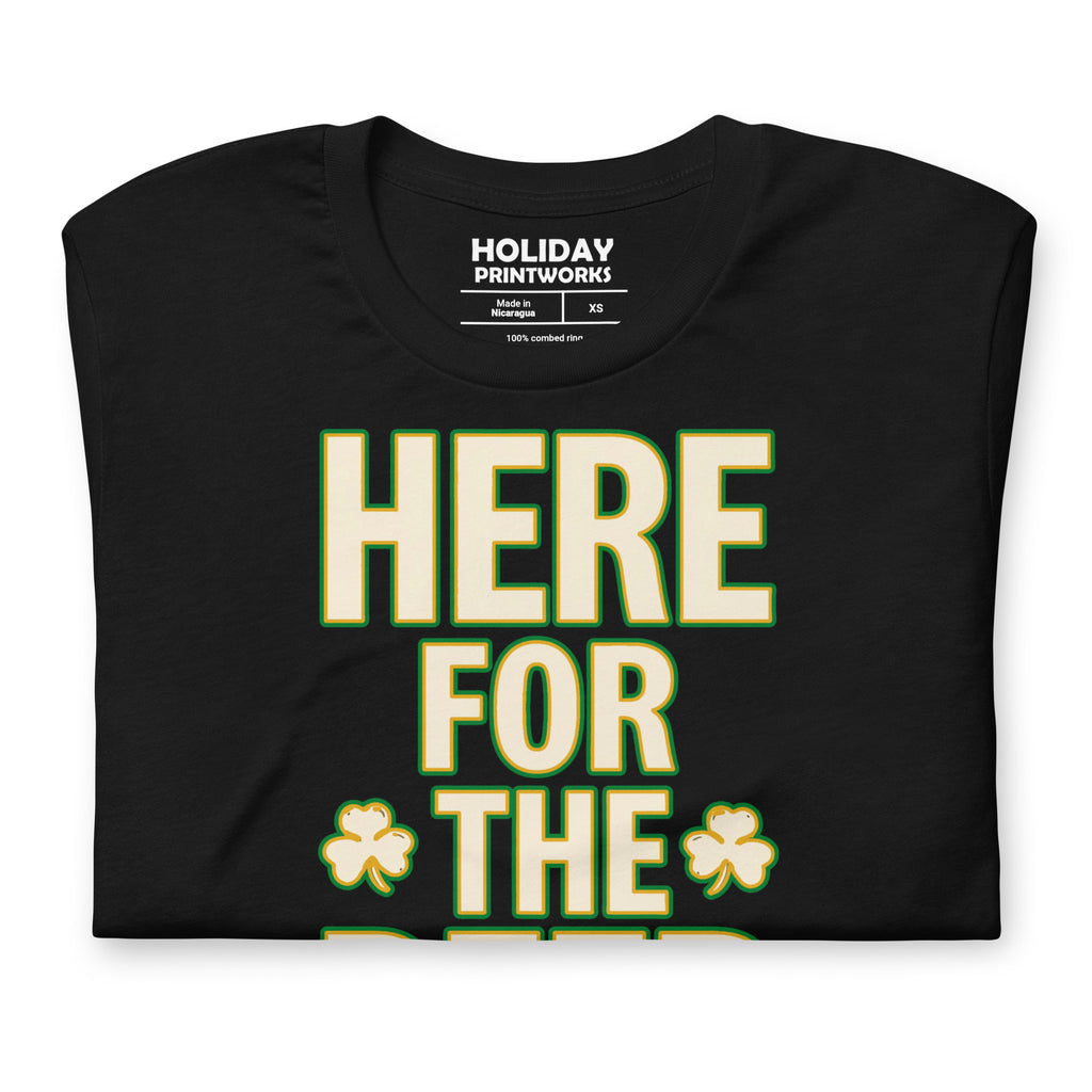 Back/detail view of HERE FOR THE BEER 🍀 Front + Back St. Paddy’s Tee Unisex t-shirt graphic T-shirt