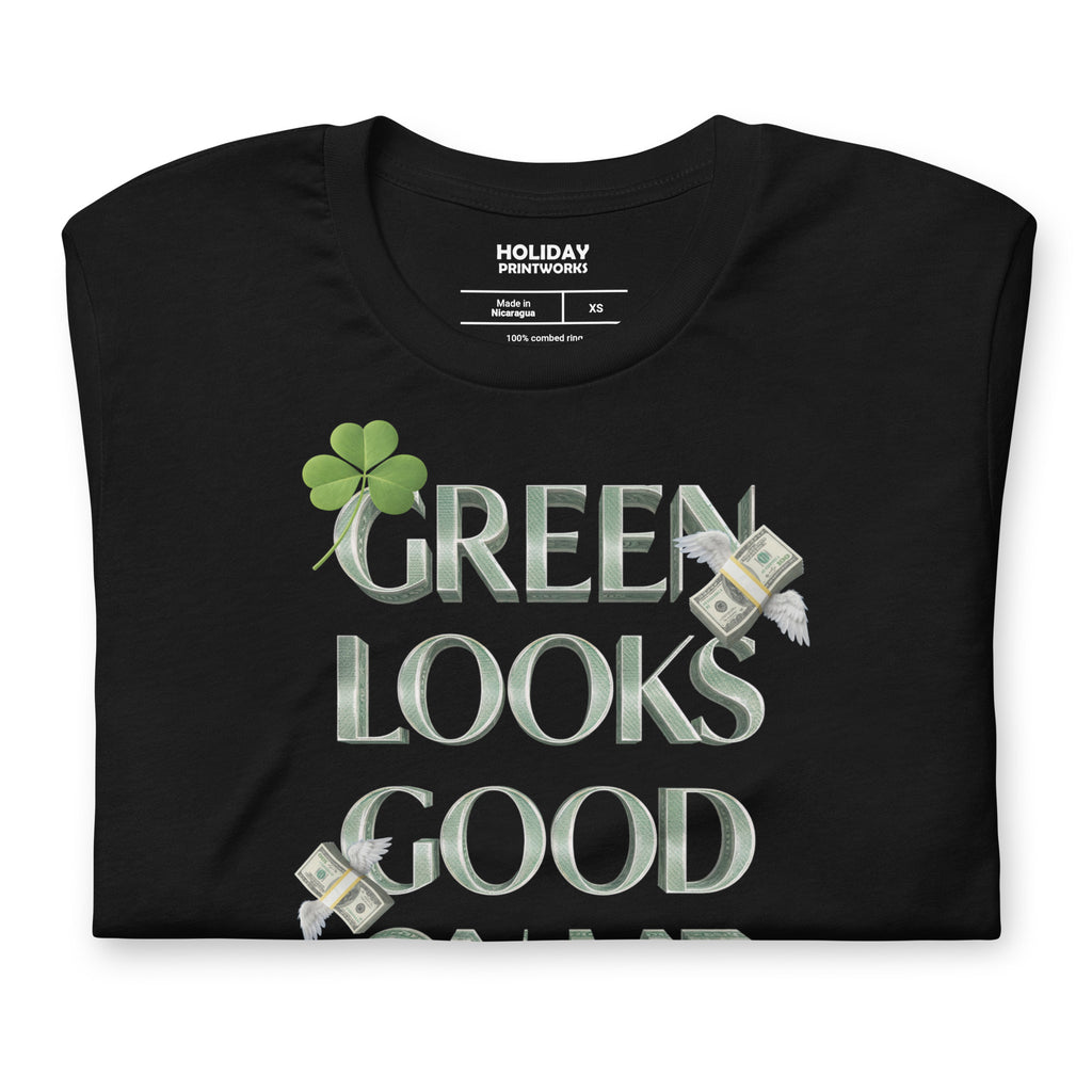 Back/detail view of Green Looks Good On Me St. Patrick’s Day Unisex Tee graphic T-shirt