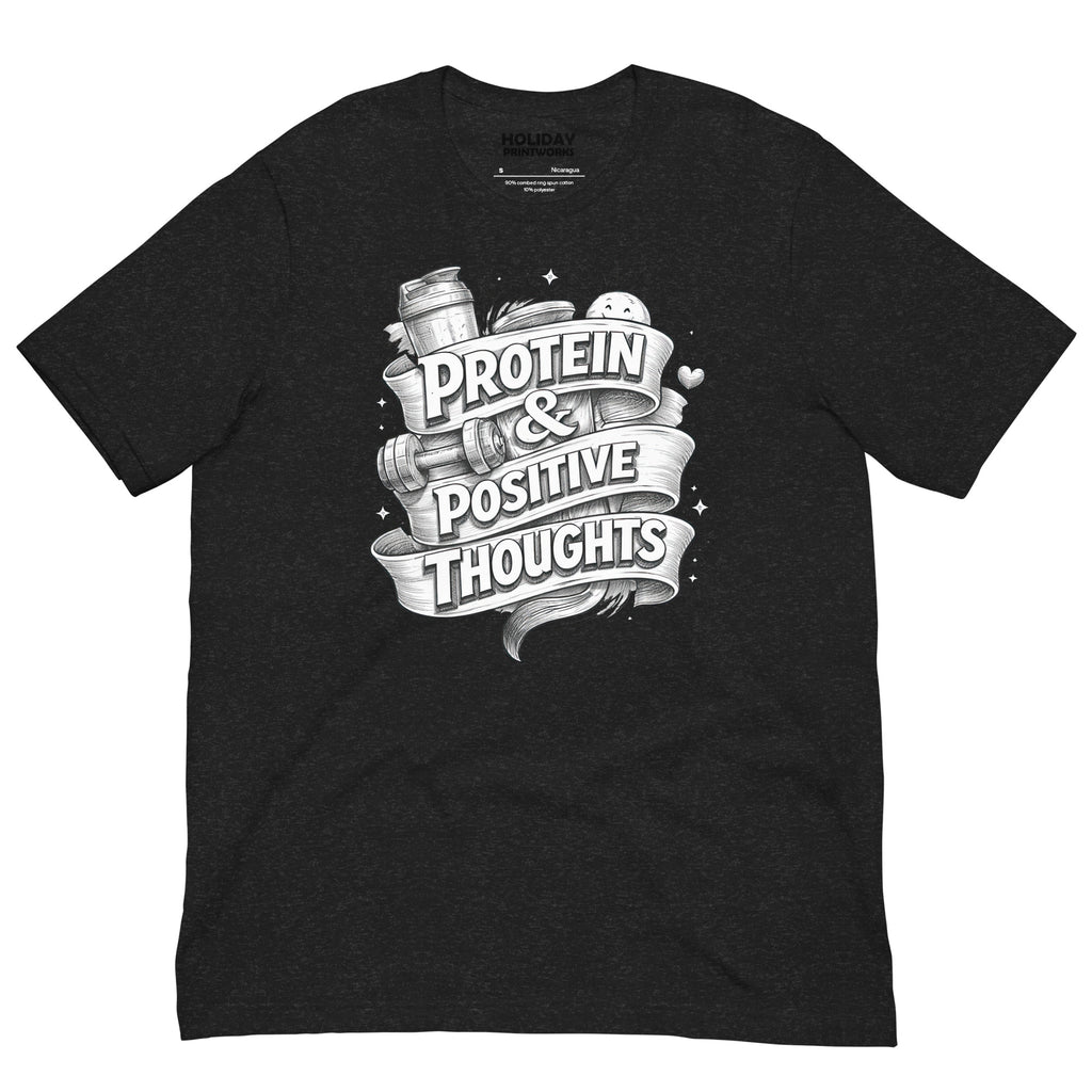 Back/detail view of Protein & Positive Thoughts – Unisex Staple T-Shirt (Fitness graphic T-shirt
