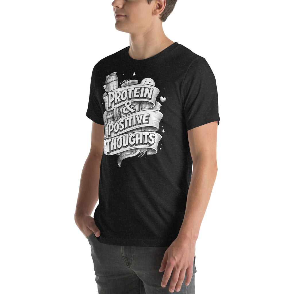 Back/detail view of Protein & Positive Thoughts – Unisex Staple T-Shirt (Fitness graphic T-shirt