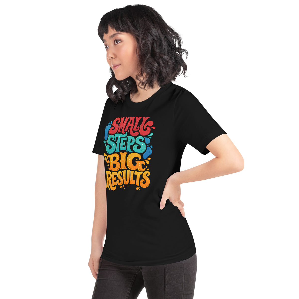 Back/detail view of Small Steps Big Results – Unisex Staple T-Shirt (Motivation Quote) graphic T-shirt