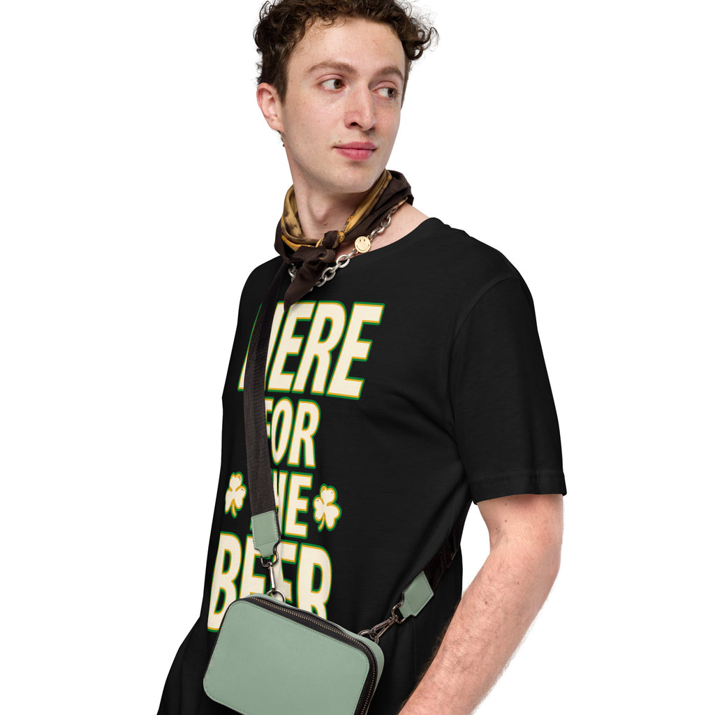 Back/detail view of HERE FOR THE BEER 🍀 Front + Back St. Paddy’s Tee Unisex t-shirt graphic T-shirt