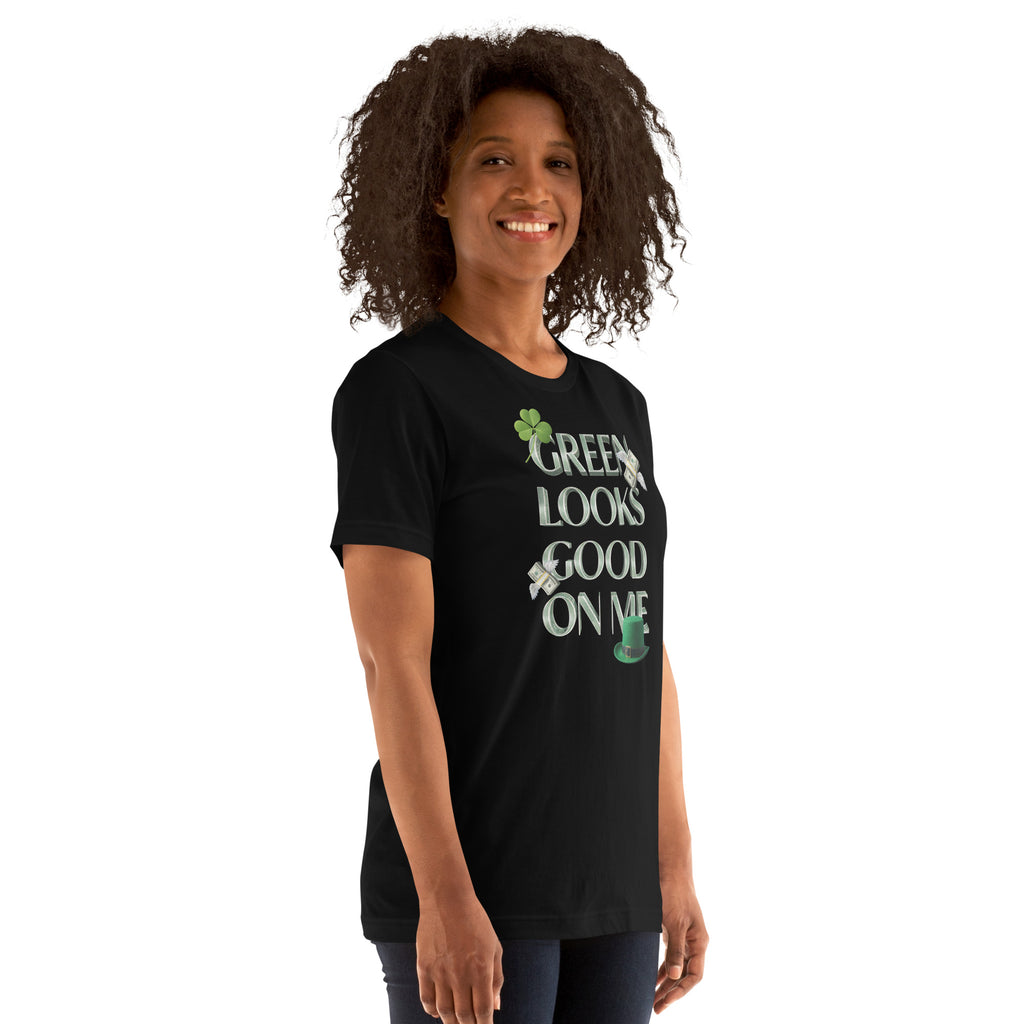 Back/detail view of Green Looks Good On Me St. Patrick’s Day Unisex Tee graphic T-shirt