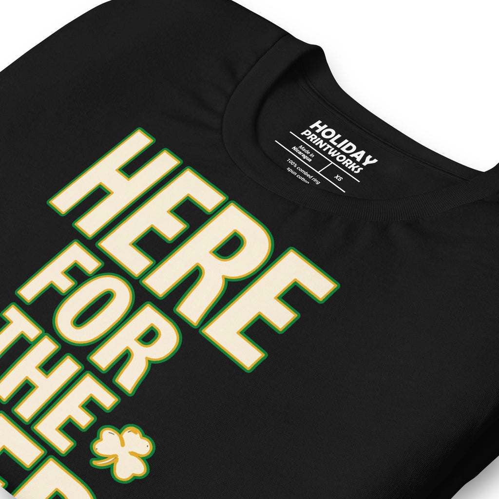 Back/detail view of HERE FOR THE BEER 🍀 Front + Back St. Paddy’s Tee Unisex t-shirt graphic T-shirt