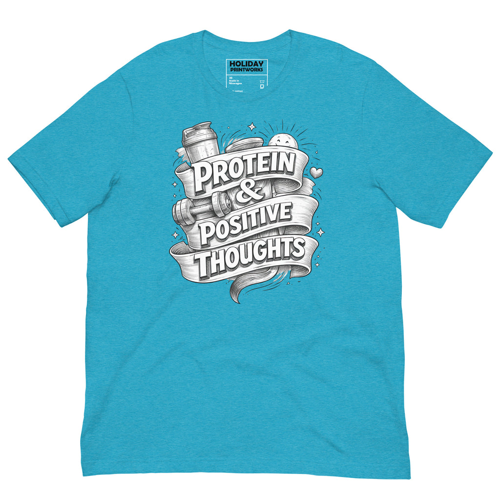 Back/detail view of Protein & Positive Thoughts – Unisex Staple T-Shirt (Fitness graphic T-shirt