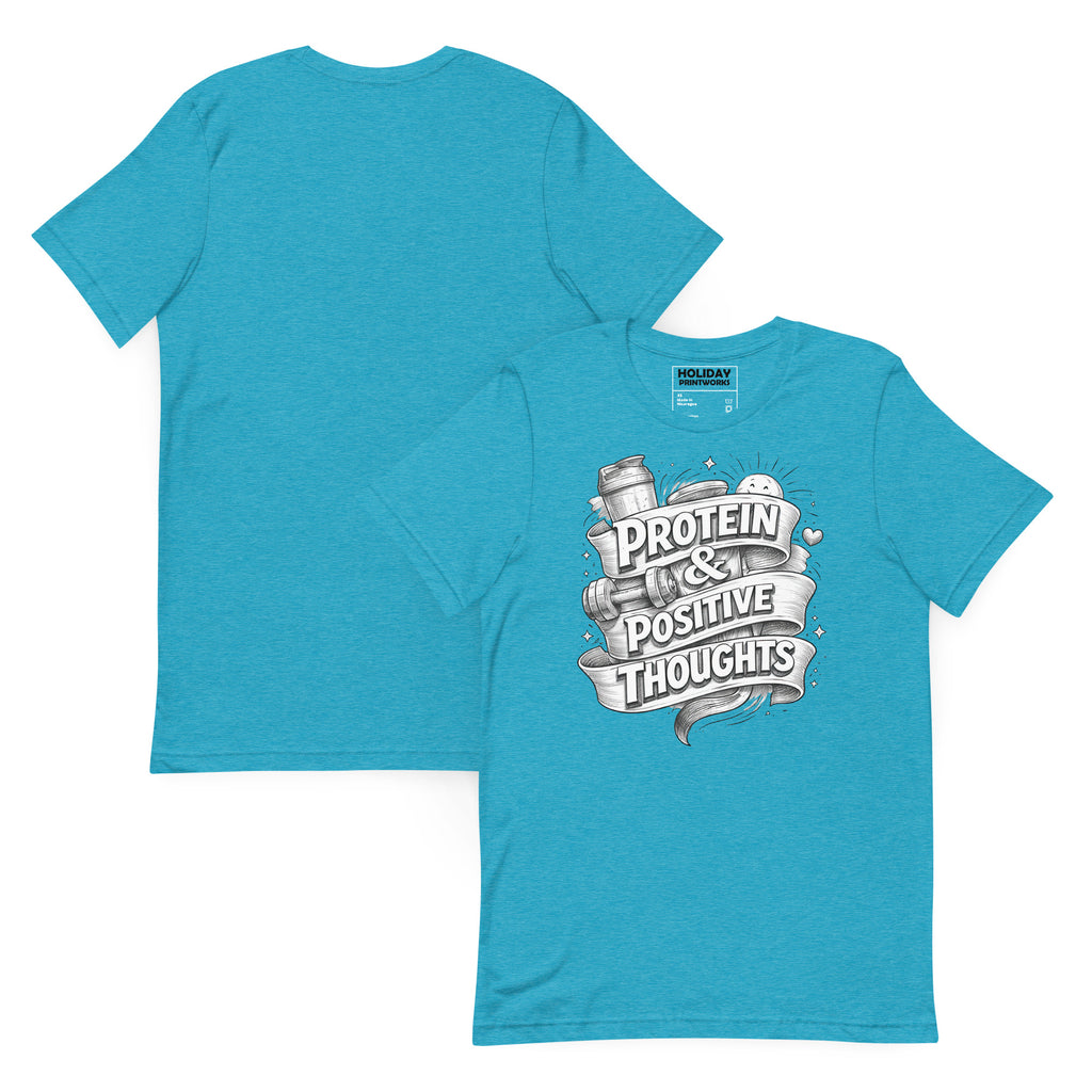 Back/detail view of Protein & Positive Thoughts – Unisex Staple T-Shirt (Fitness graphic T-shirt
