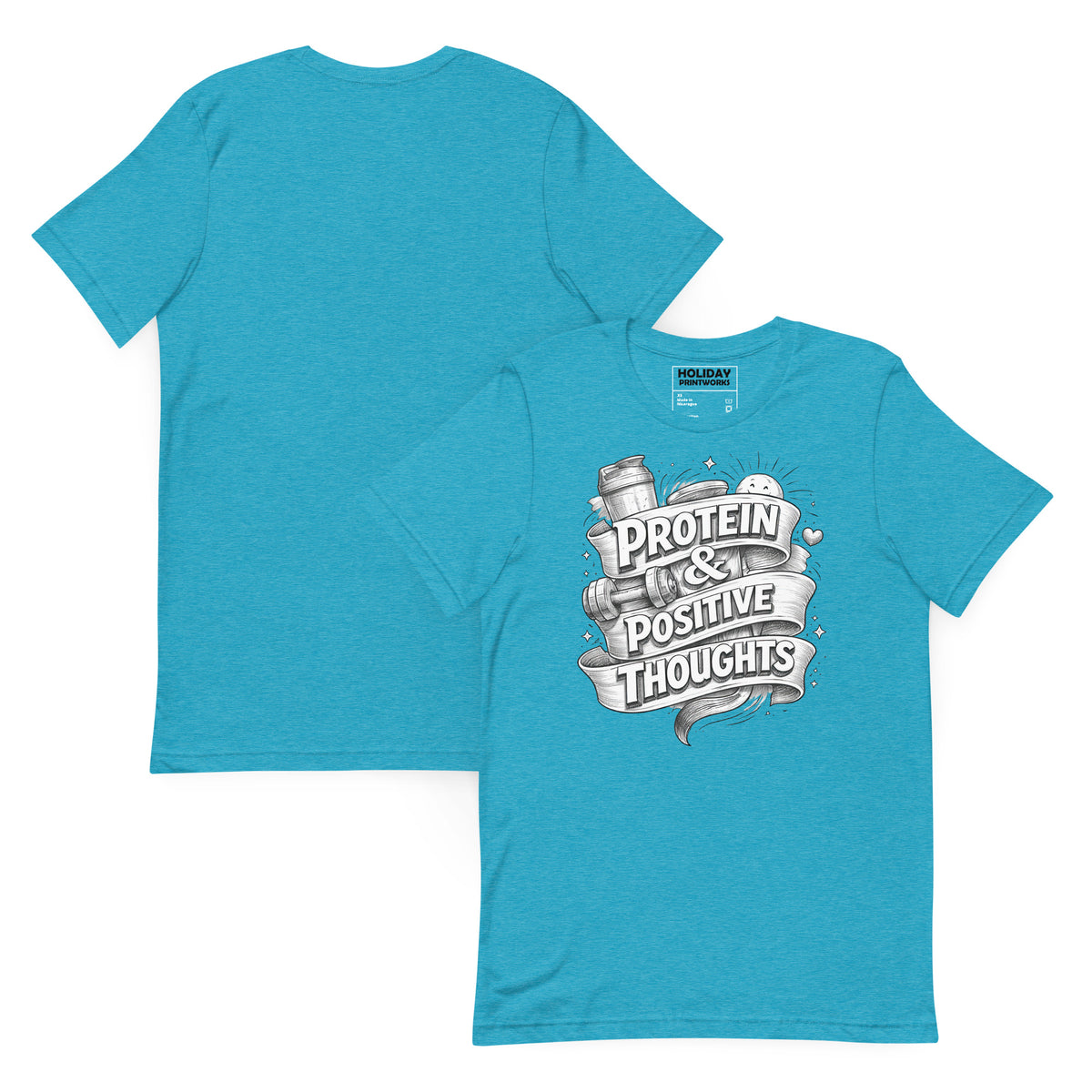 Back/detail view of Protein & Positive Thoughts – Unisex Staple T-Shirt (Fitness graphic T-shirt