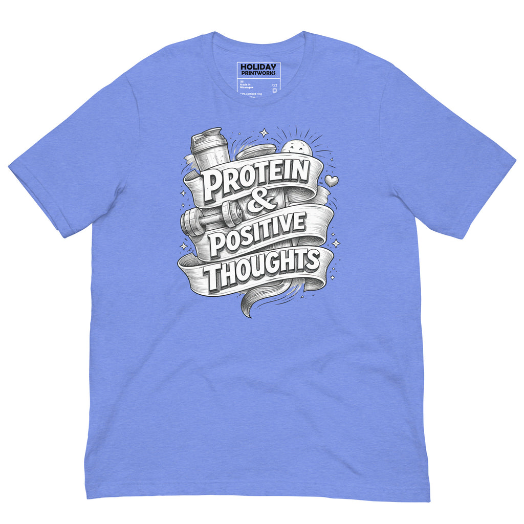 Back/detail view of Protein & Positive Thoughts – Unisex Staple T-Shirt (Fitness graphic T-shirt
