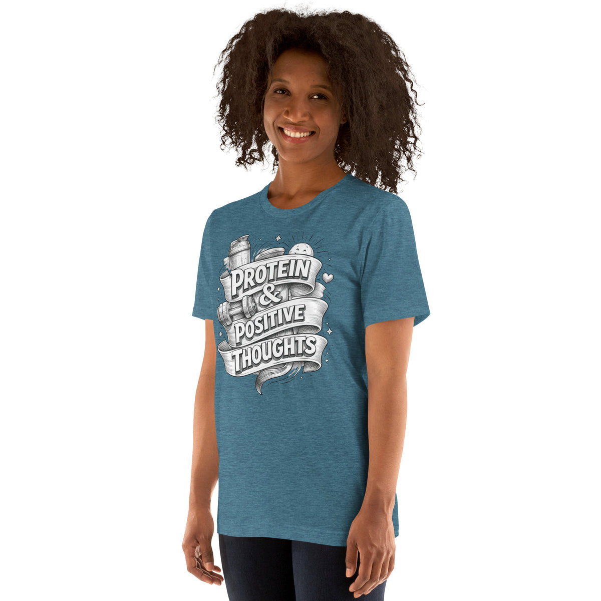 Back/detail view of Protein & Positive Thoughts – Unisex Staple T-Shirt (Fitness graphic T-shirt
