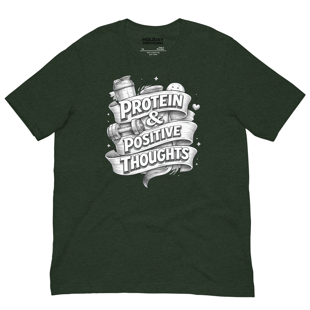 Back/detail view of Protein & Positive Thoughts – Unisex Staple T-Shirt (Fitness graphic T-shirt