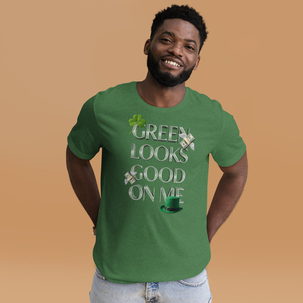 Back/detail view of Green Looks Good On Me St. Patrick’s Day Unisex Tee graphic T-shirt