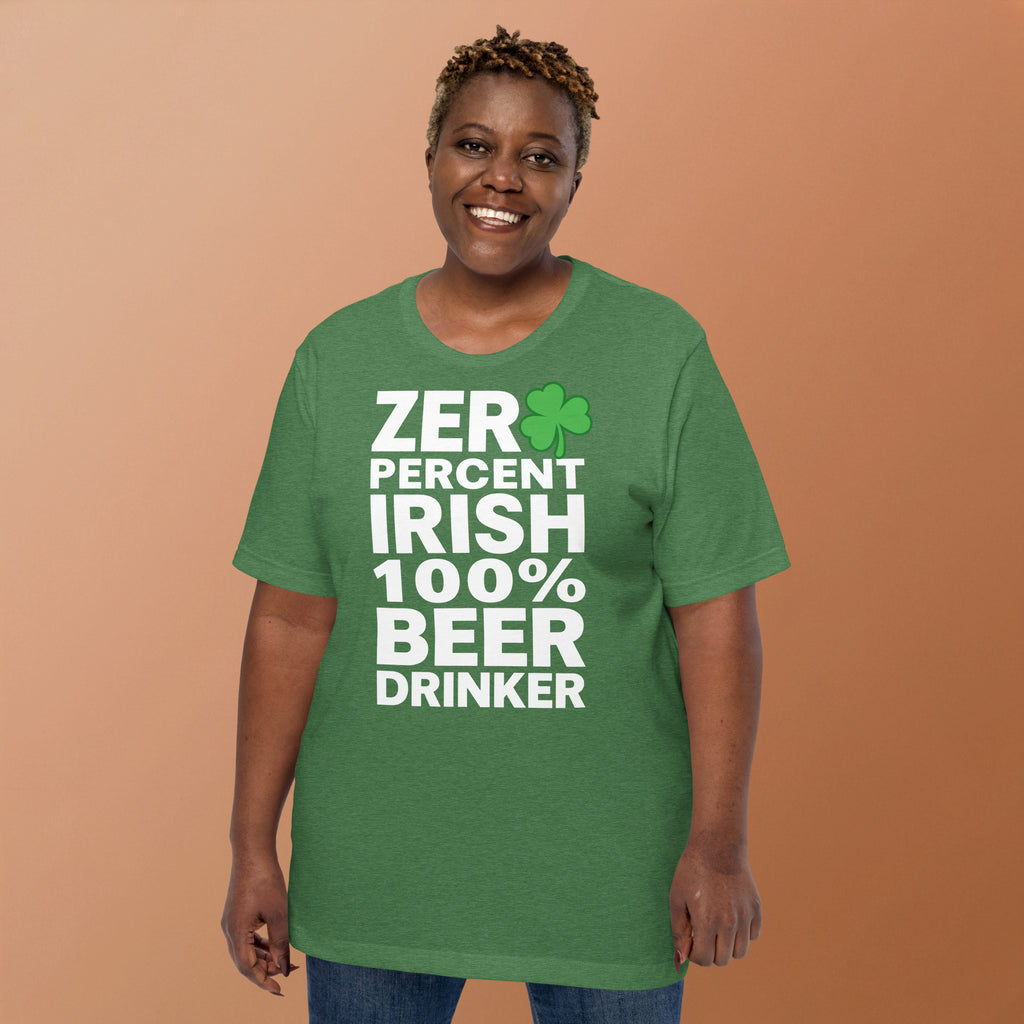 Back/detail view of Zero Percent Irish 100% Beer Drinker St. Patrick’s Day Unisex Tee graphic T-shirt