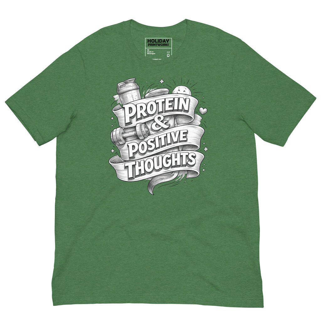 Back/detail view of Protein & Positive Thoughts – Unisex Staple T-Shirt (Fitness graphic T-shirt