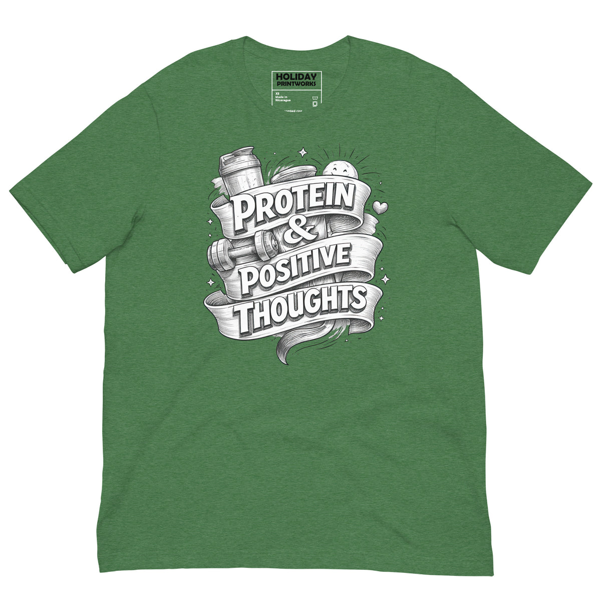 Back/detail view of Protein & Positive Thoughts – Unisex Staple T-Shirt (Fitness graphic T-shirt