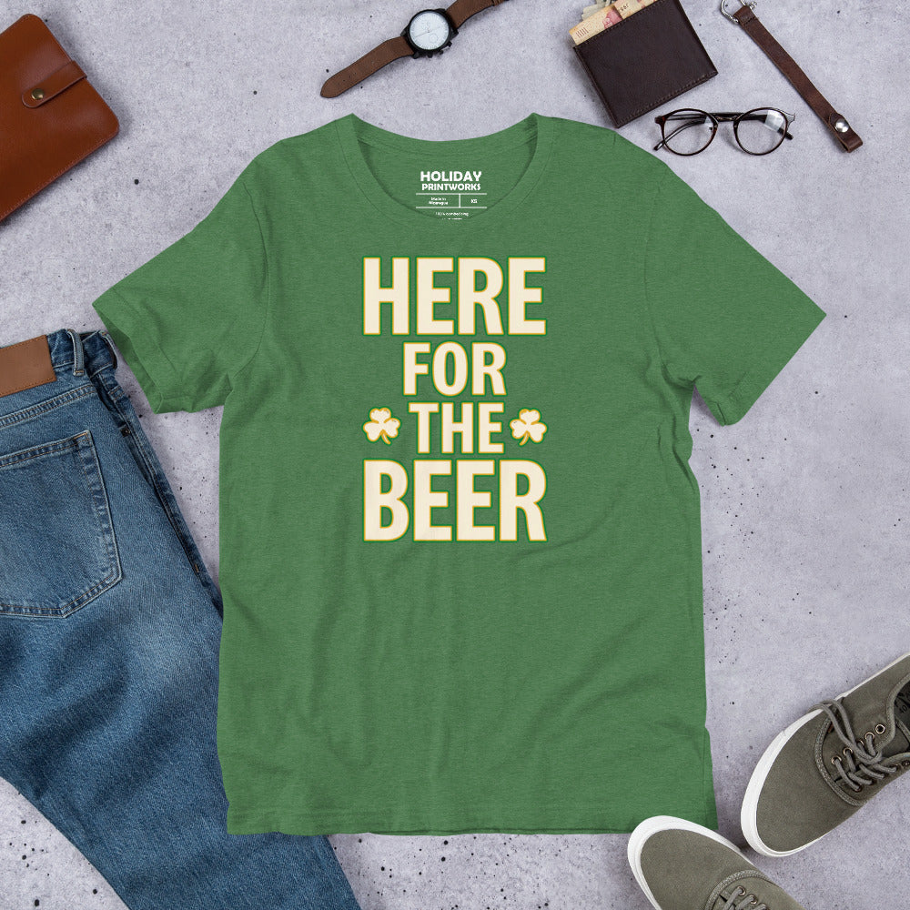 Back/detail view of HERE FOR THE BEER 🍀 Front + Back St. Paddy’s Tee Unisex t-shirt graphic T-shirt