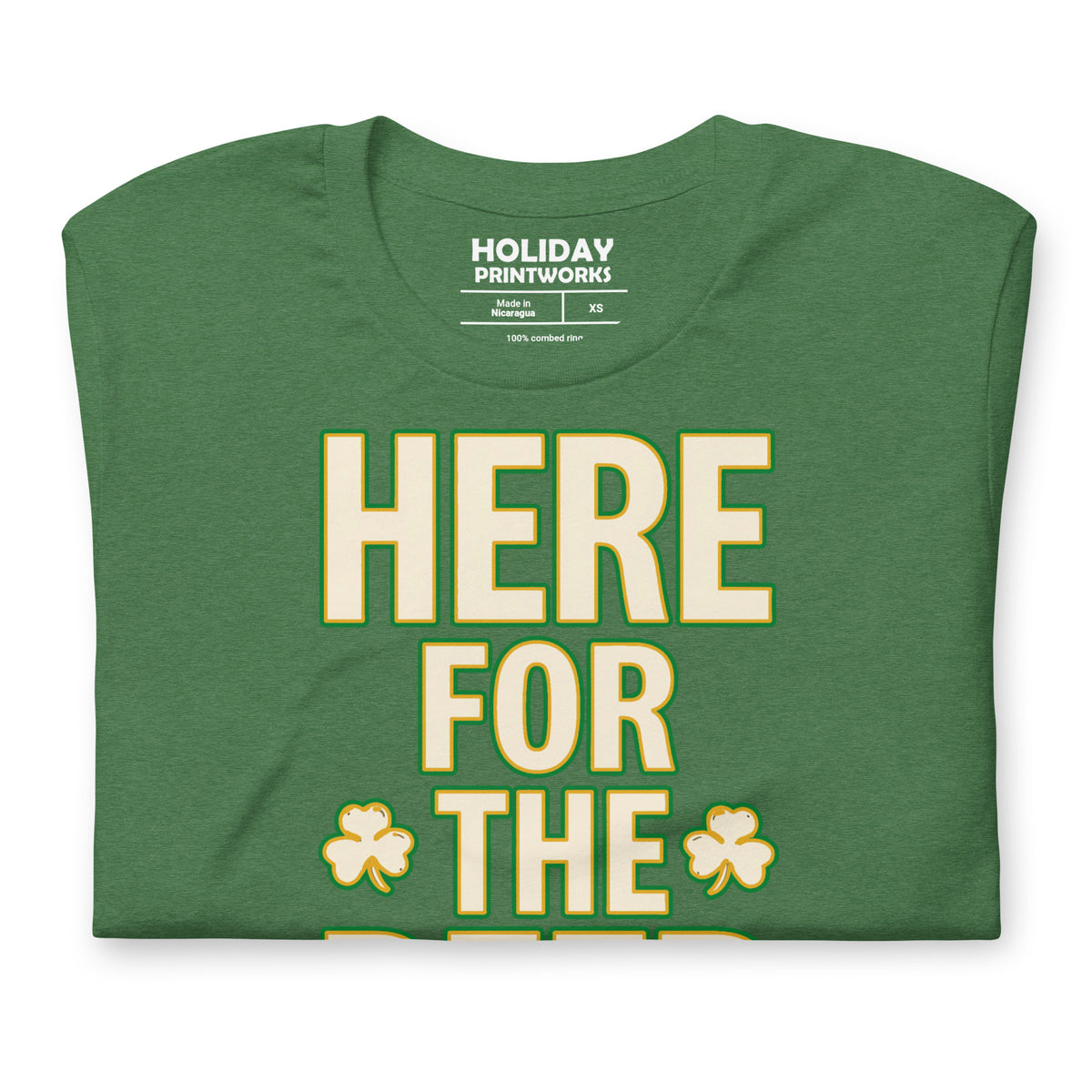 Back/detail view of HERE FOR THE BEER 🍀 Front + Back St. Paddy’s Tee Unisex t-shirt graphic T-shirt