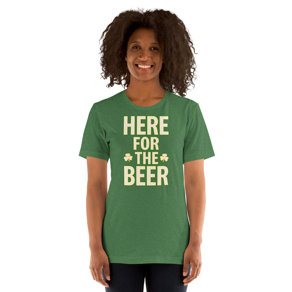 Back/detail view of HERE FOR THE BEER 🍀 Front + Back St. Paddy’s Tee Unisex t-shirt graphic T-shirt