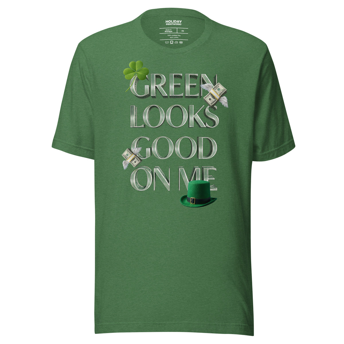 Back/detail view of Green Looks Good On Me St. Patrick’s Day Unisex Tee graphic T-shirt