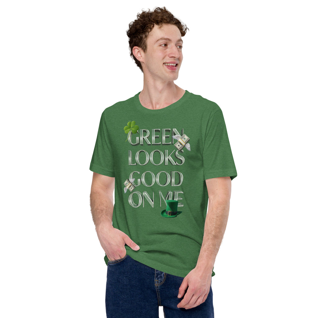 Back/detail view of Green Looks Good On Me St. Patrick’s Day Unisex Tee graphic T-shirt