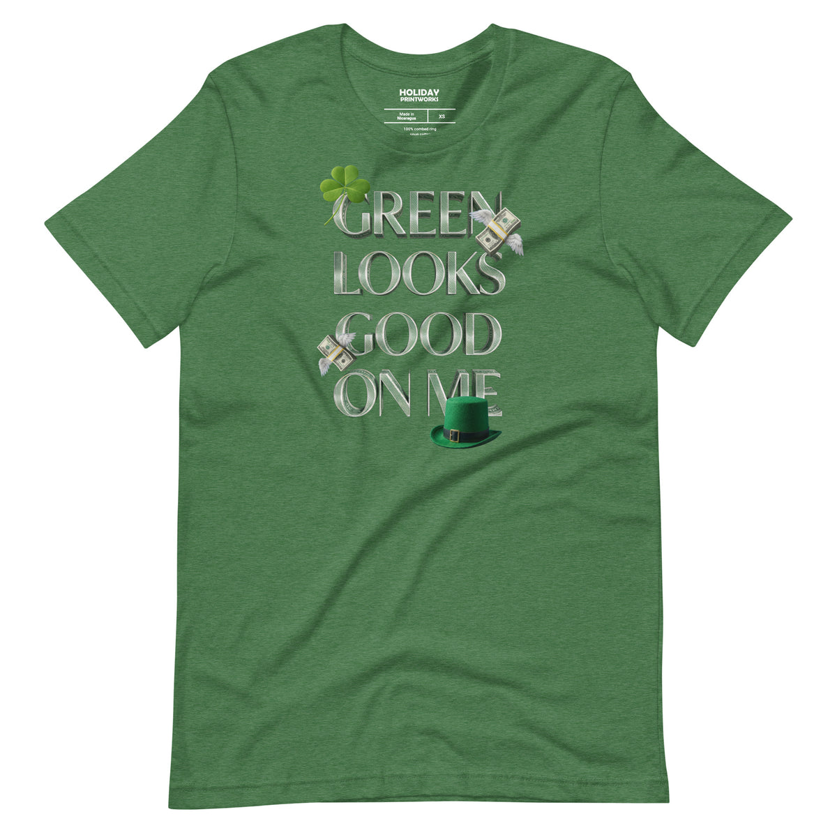 Back/detail view of Green Looks Good On Me St. Patrick’s Day Unisex Tee graphic T-shirt