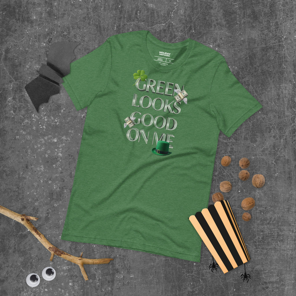 Back/detail view of Green Looks Good On Me St. Patrick’s Day Unisex Tee graphic T-shirt