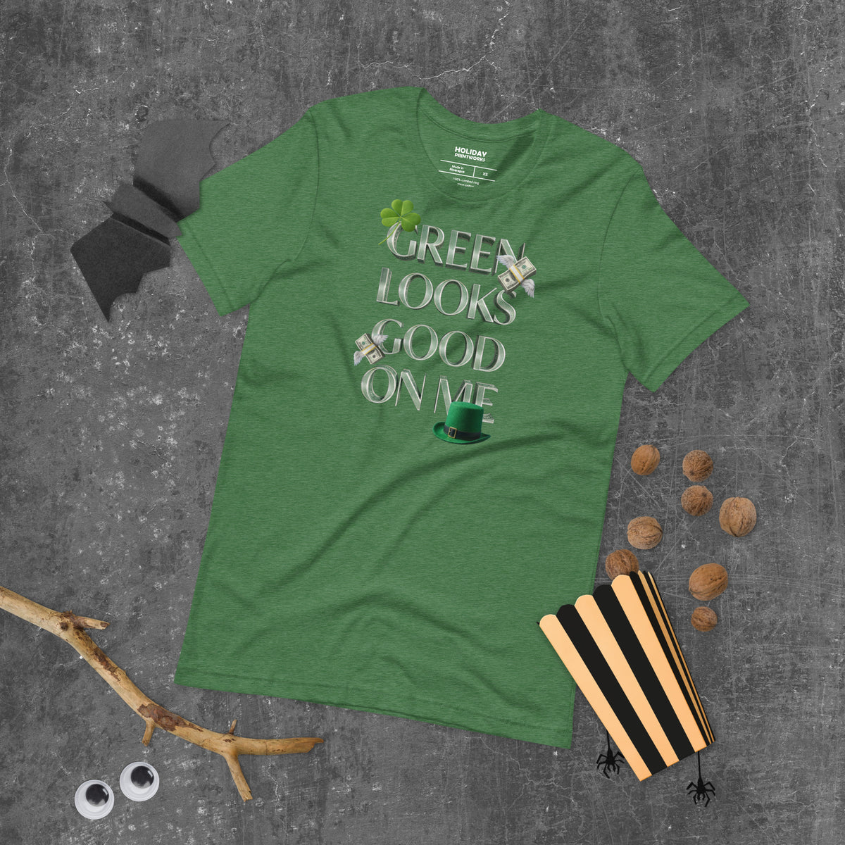 Back/detail view of Green Looks Good On Me St. Patrick’s Day Unisex Tee graphic T-shirt