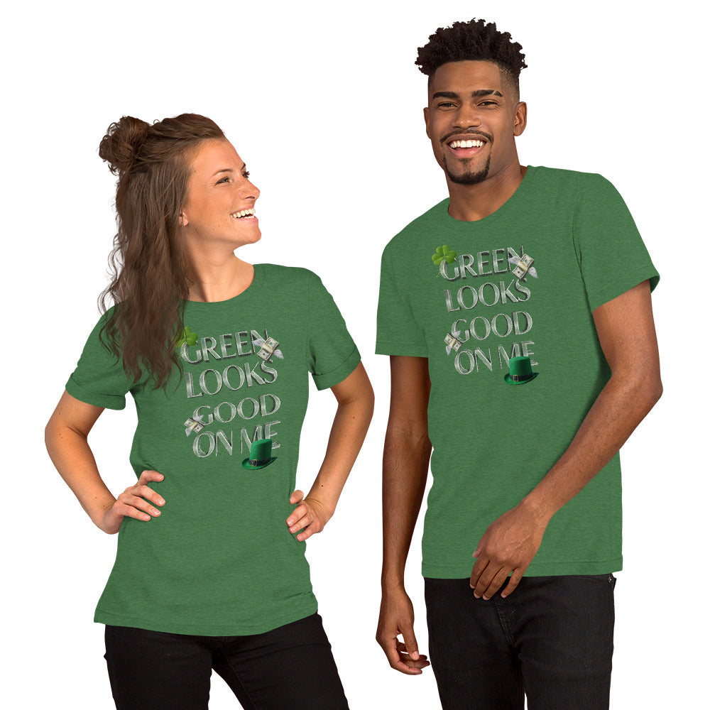 Back/detail view of Green Looks Good On Me St. Patrick’s Day Unisex Tee graphic T-shirt