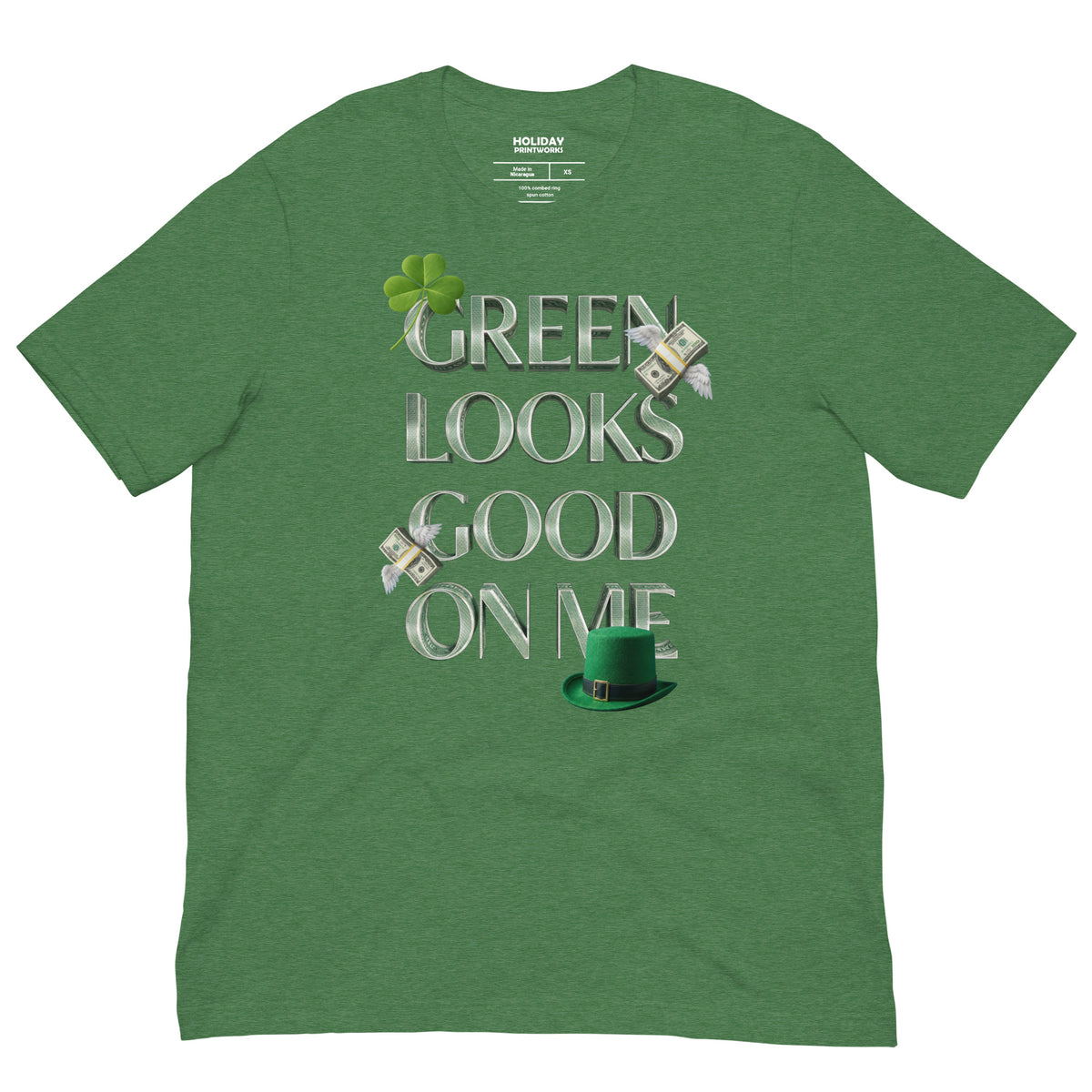 Back/detail view of Green Looks Good On Me St. Patrick’s Day Unisex Tee graphic T-shirt