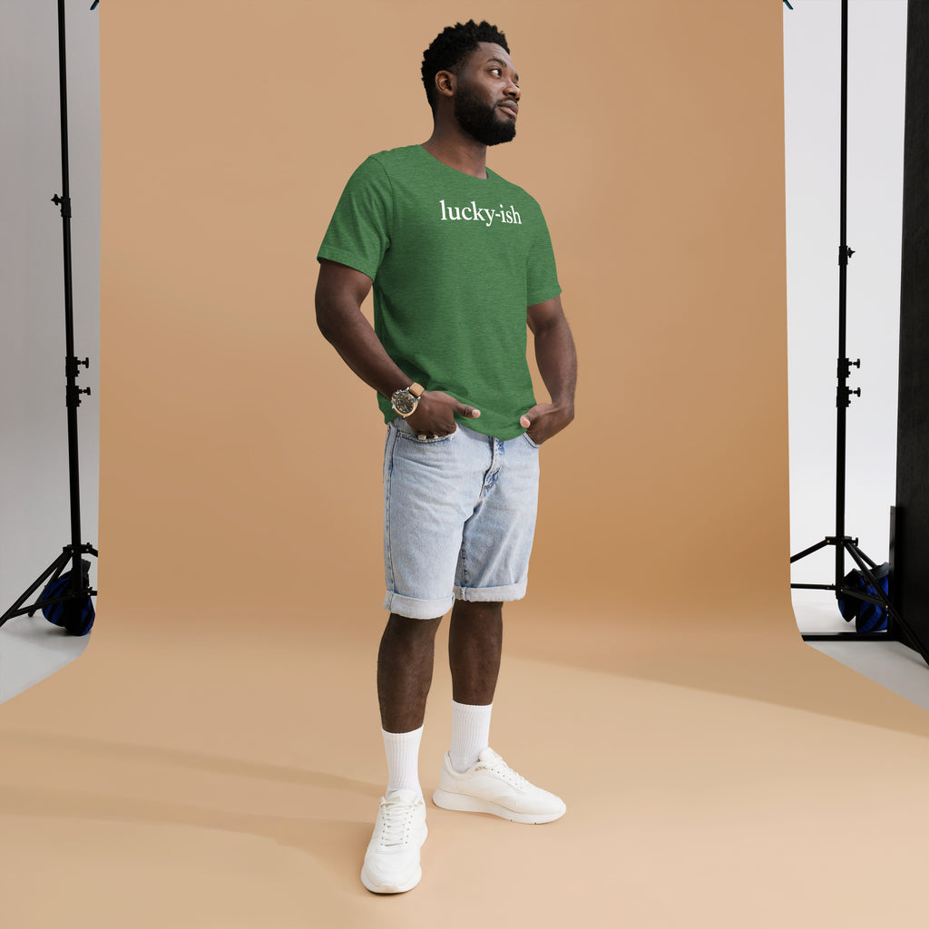 Back/detail view of Lucky-ish St. Patrick’s Day Unisex Tee graphic T-shirt
