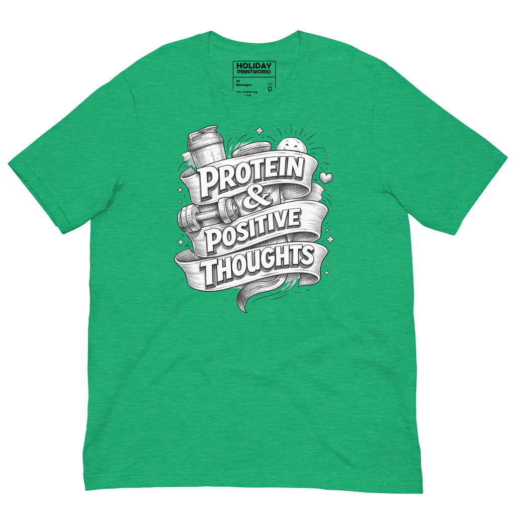 Back/detail view of Protein & Positive Thoughts – Unisex Staple T-Shirt (Fitness graphic T-shirt