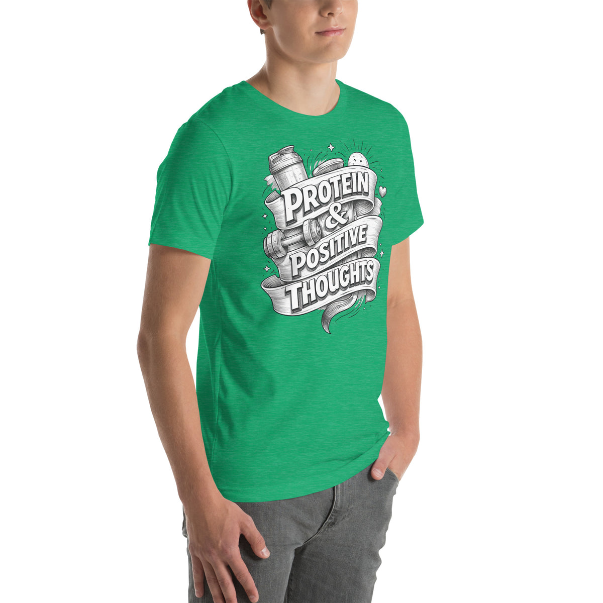 Back/detail view of Protein & Positive Thoughts – Unisex Staple T-Shirt (Fitness graphic T-shirt