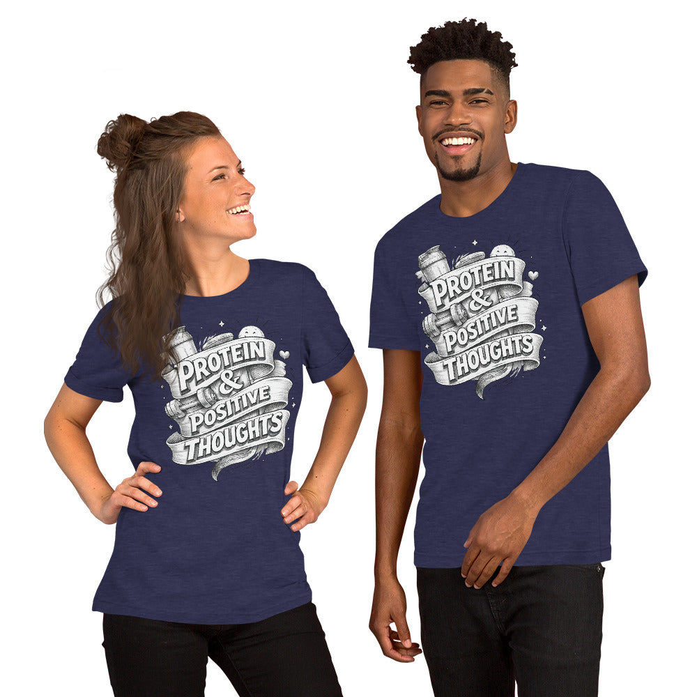 Back/detail view of Protein & Positive Thoughts – Unisex Staple T-Shirt (Fitness graphic T-shirt