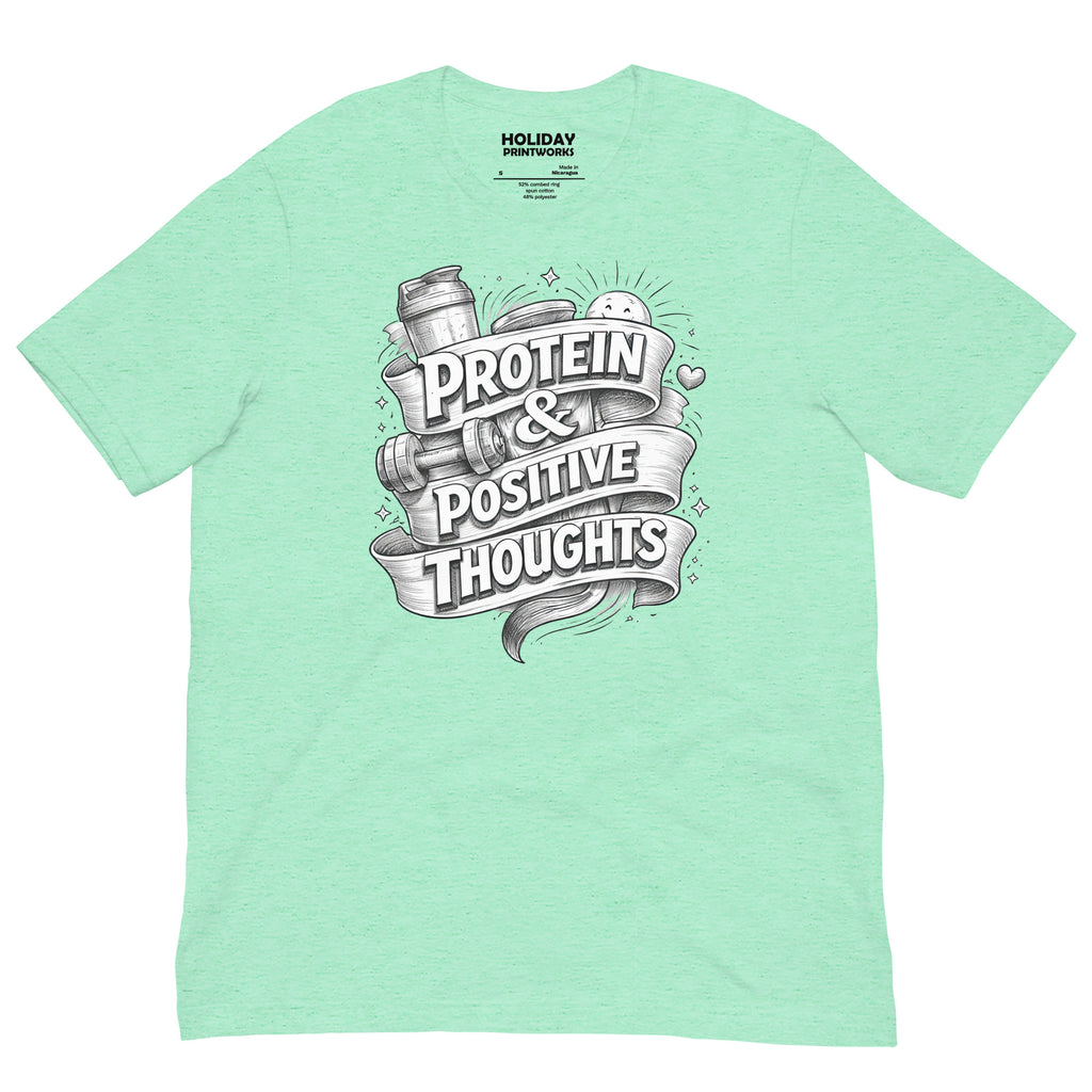 Back/detail view of Protein & Positive Thoughts – Unisex Staple T-Shirt (Fitness graphic T-shirt