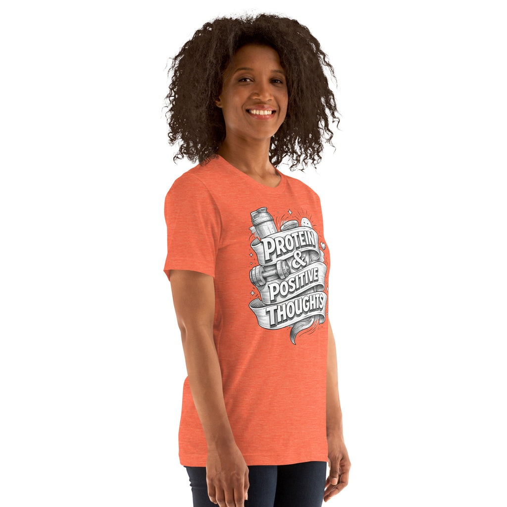 Back/detail view of Protein & Positive Thoughts – Unisex Staple T-Shirt (Fitness graphic T-shirt