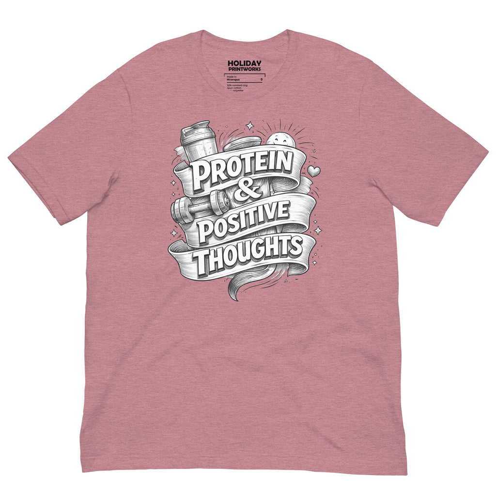 Back/detail view of Protein & Positive Thoughts – Unisex Staple T-Shirt (Fitness graphic T-shirt
