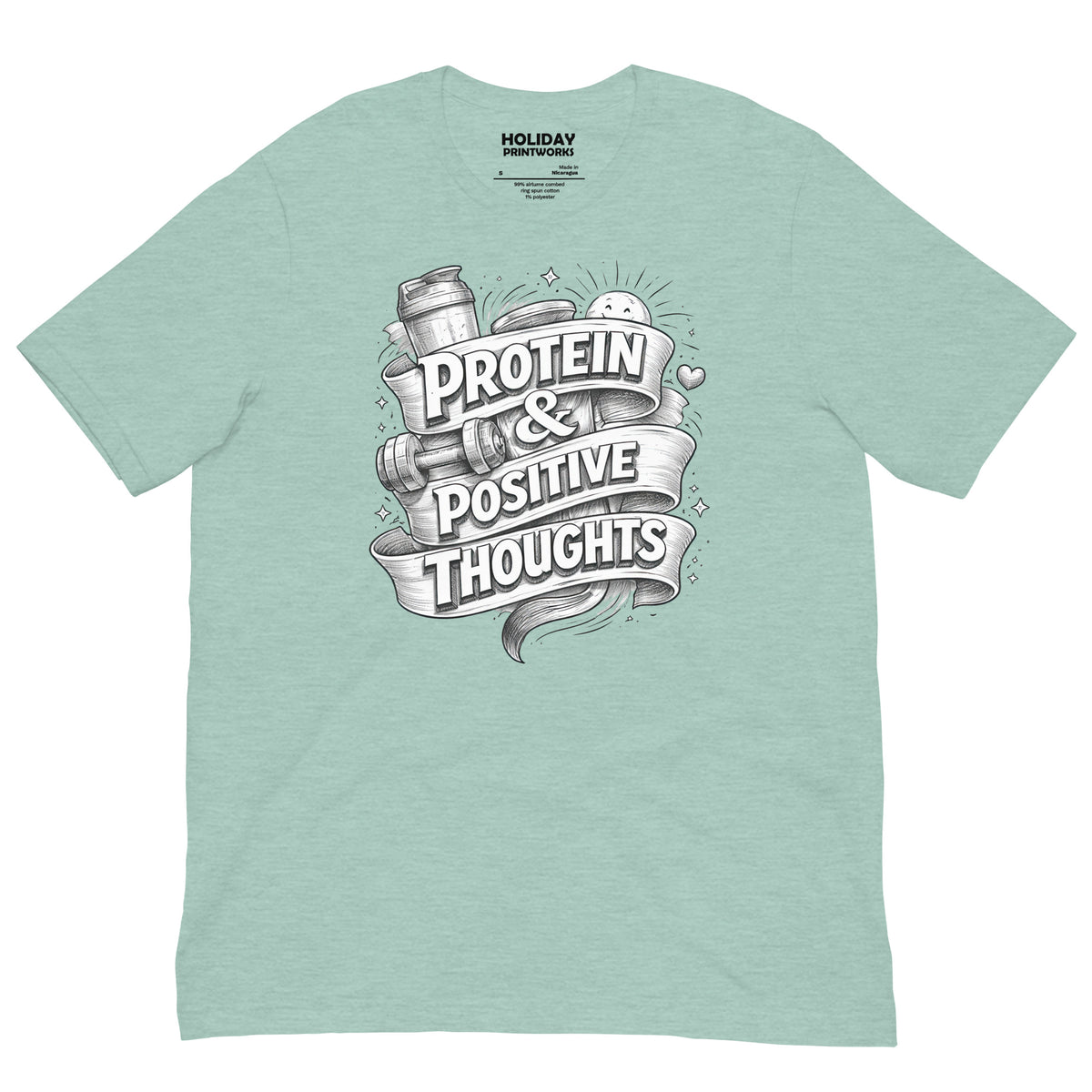 Back/detail view of Protein & Positive Thoughts – Unisex Staple T-Shirt (Fitness graphic T-shirt