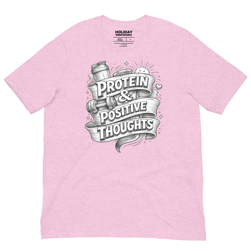 Back/detail view of Protein & Positive Thoughts – Unisex Staple T-Shirt (Fitness graphic T-shirt