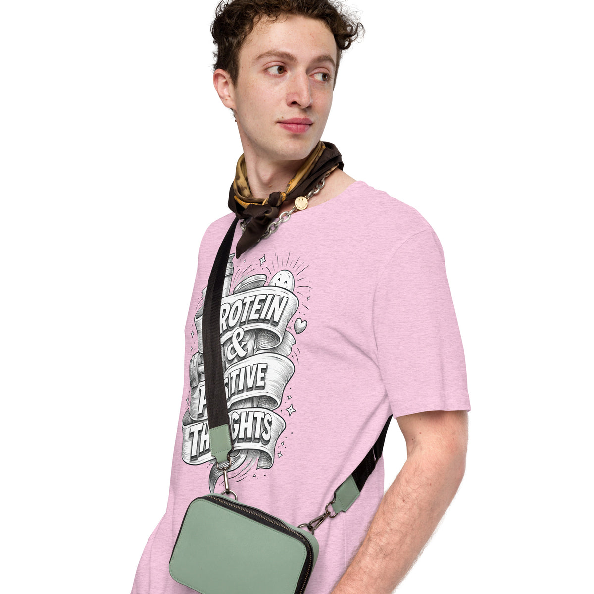 Back/detail view of Protein & Positive Thoughts – Unisex Staple T-Shirt (Fitness graphic T-shirt