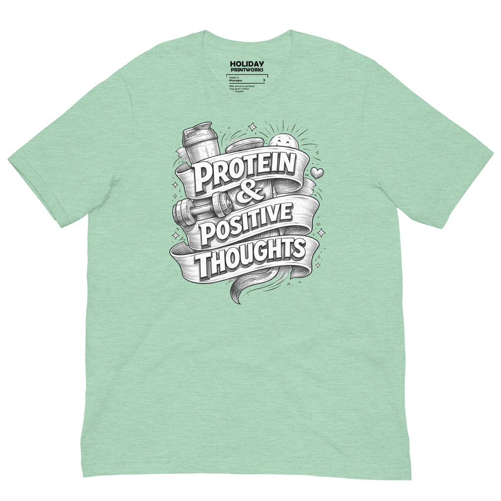Back/detail view of Protein & Positive Thoughts – Unisex Staple T-Shirt (Fitness graphic T-shirt
