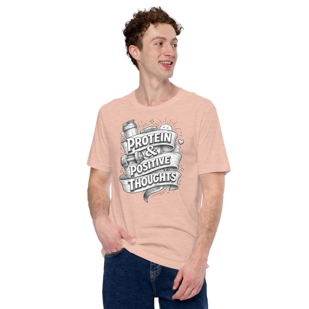 Back/detail view of Protein & Positive Thoughts – Unisex Staple T-Shirt (Fitness graphic T-shirt
