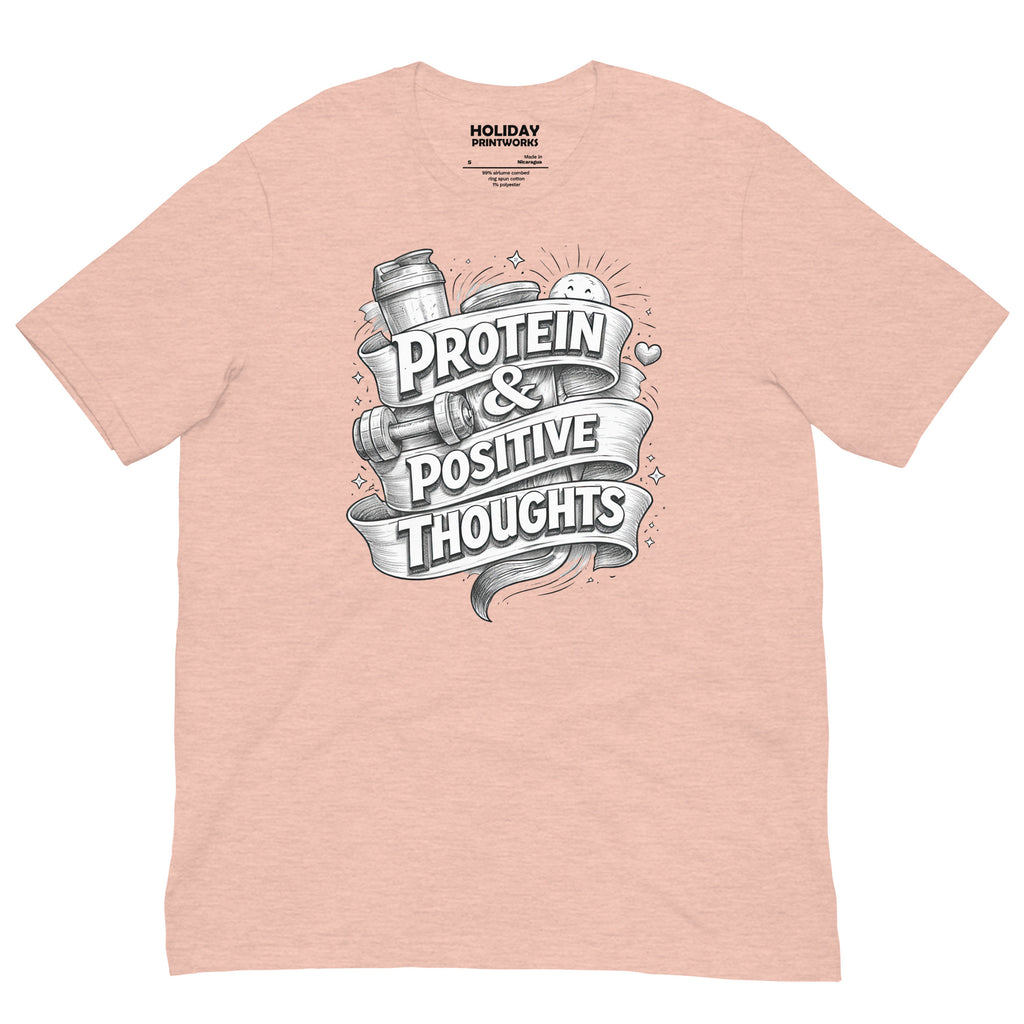 Back/detail view of Protein & Positive Thoughts – Unisex Staple T-Shirt (Fitness graphic T-shirt