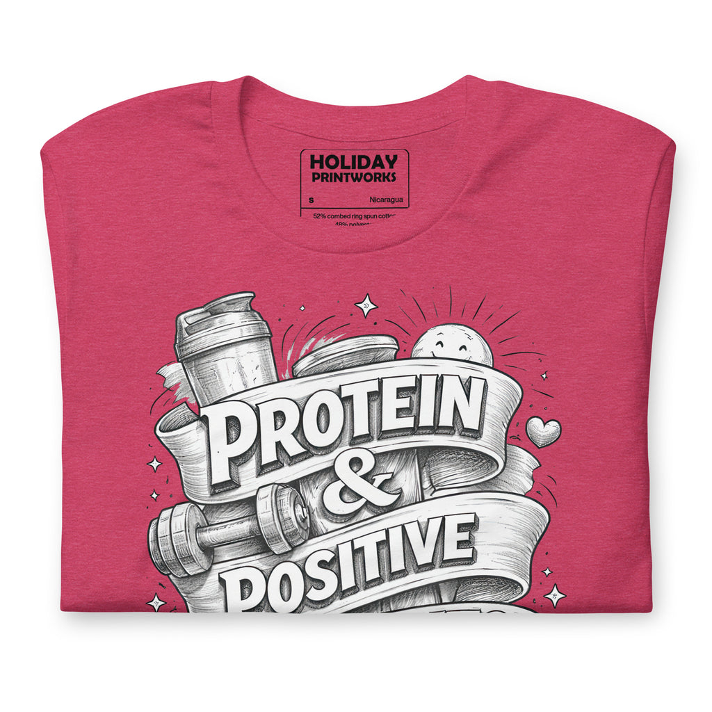 Back/detail view of Protein & Positive Thoughts – Unisex Staple T-Shirt (Fitness graphic T-shirt