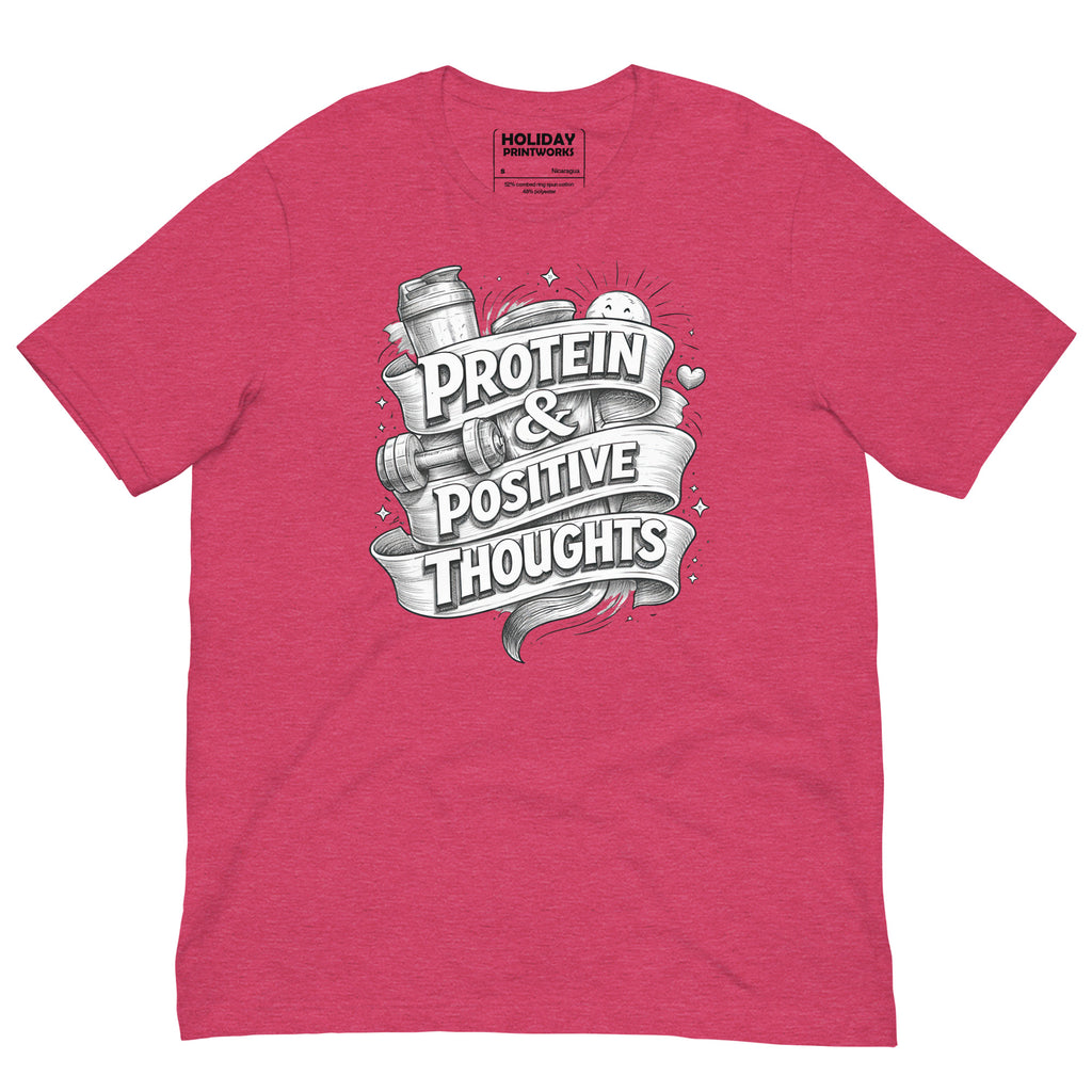 Back/detail view of Protein & Positive Thoughts – Unisex Staple T-Shirt (Fitness graphic T-shirt