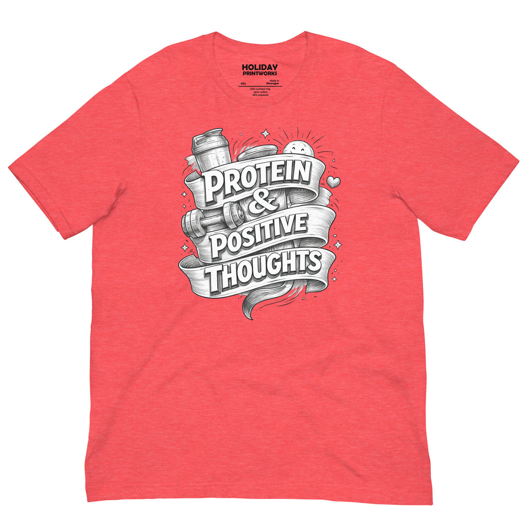 Back/detail view of Protein & Positive Thoughts – Unisex Staple T-Shirt (Fitness graphic T-shirt