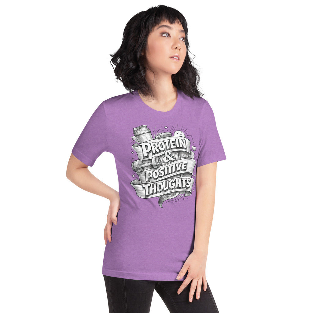 Back/detail view of Protein & Positive Thoughts – Unisex Staple T-Shirt (Fitness graphic T-shirt